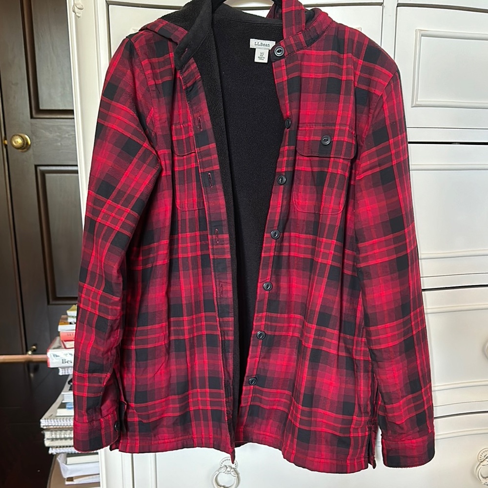 L.L. Bean Red Plaid flannel fleece jacket shirt XS with hood